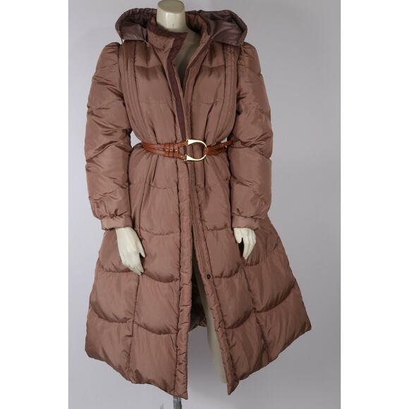 Vintage Beige Down Puffer Long Coat Jacket Quilted Leather Belt Warm Size L - Picture 6 of 12